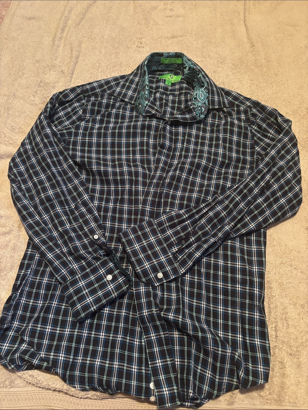 Men's Black and Blue Plaid Long-Sleeve Dress Shirt
